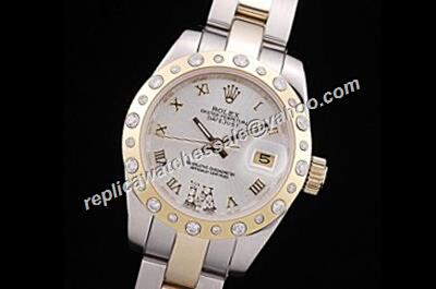 Ladies Datejust Pearlmaster Style Oyster White Face Diamond Gold Watch