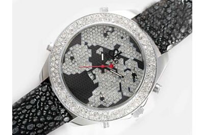 Jacob & Co Five Time Zone Lady Black Diamond Leather Strap Watch